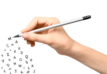 Image of Woman writing letters and they flying away on white background, closeup