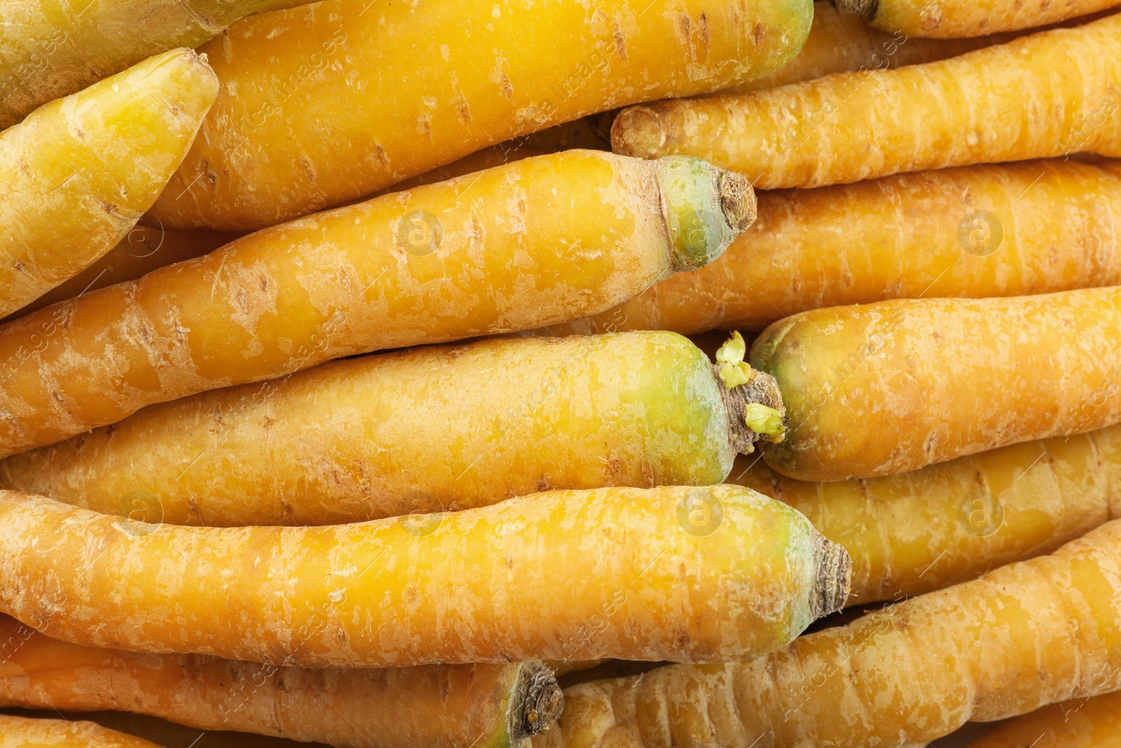 Photo of Many raw carrots as background, top view