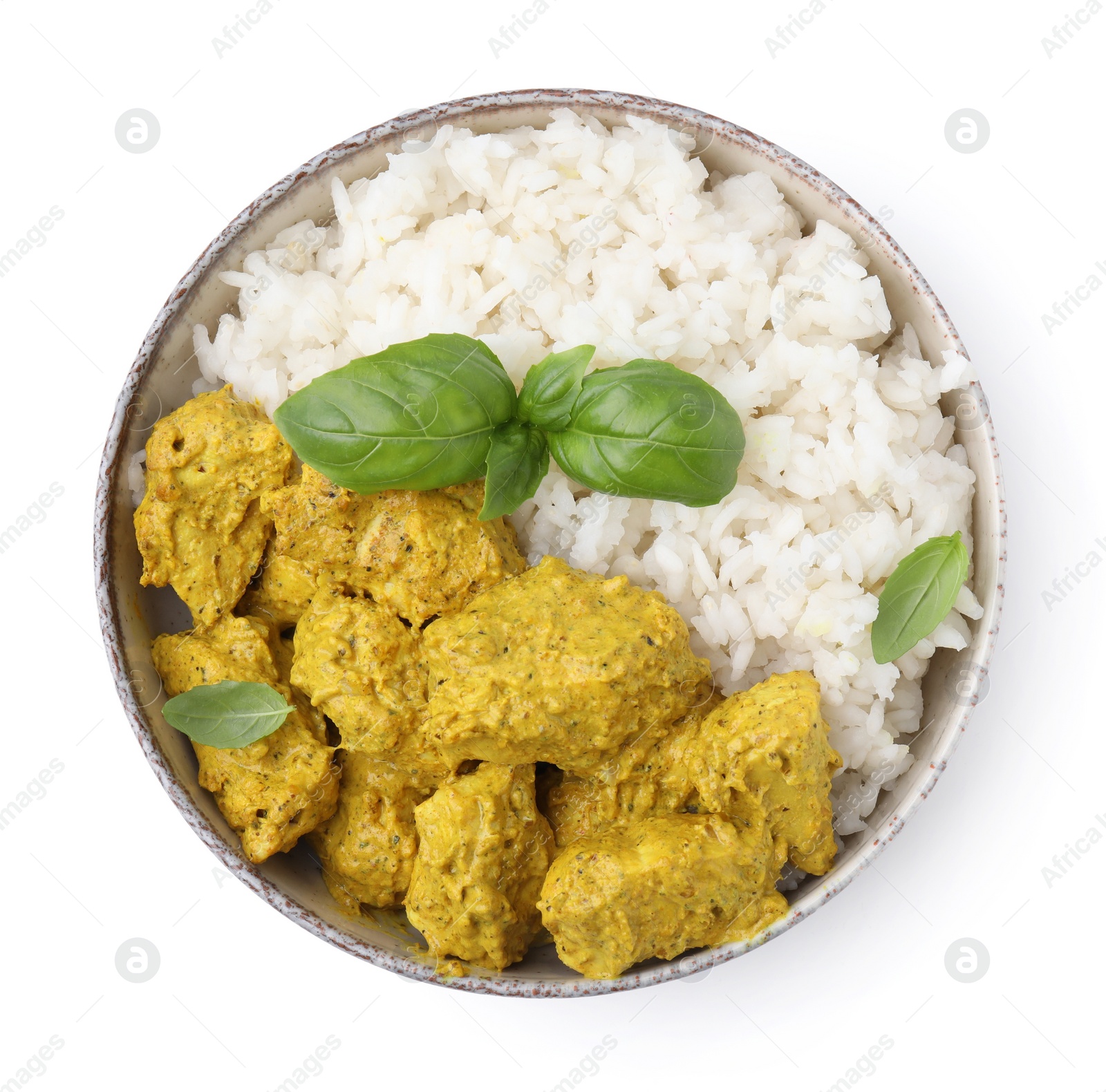 Photo of Delicious rice and chicken with curry sauce isolated on white, top view