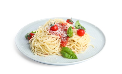 Tasty pasta with tomatoes, cheese and basil on white background