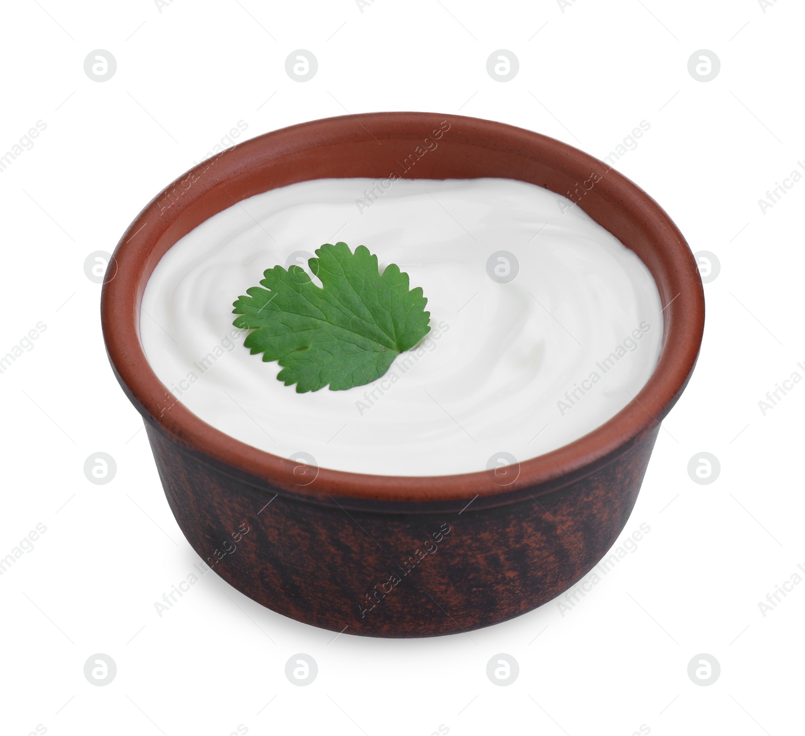 Photo of Sauce with fresh parsley in bowl isolated on white