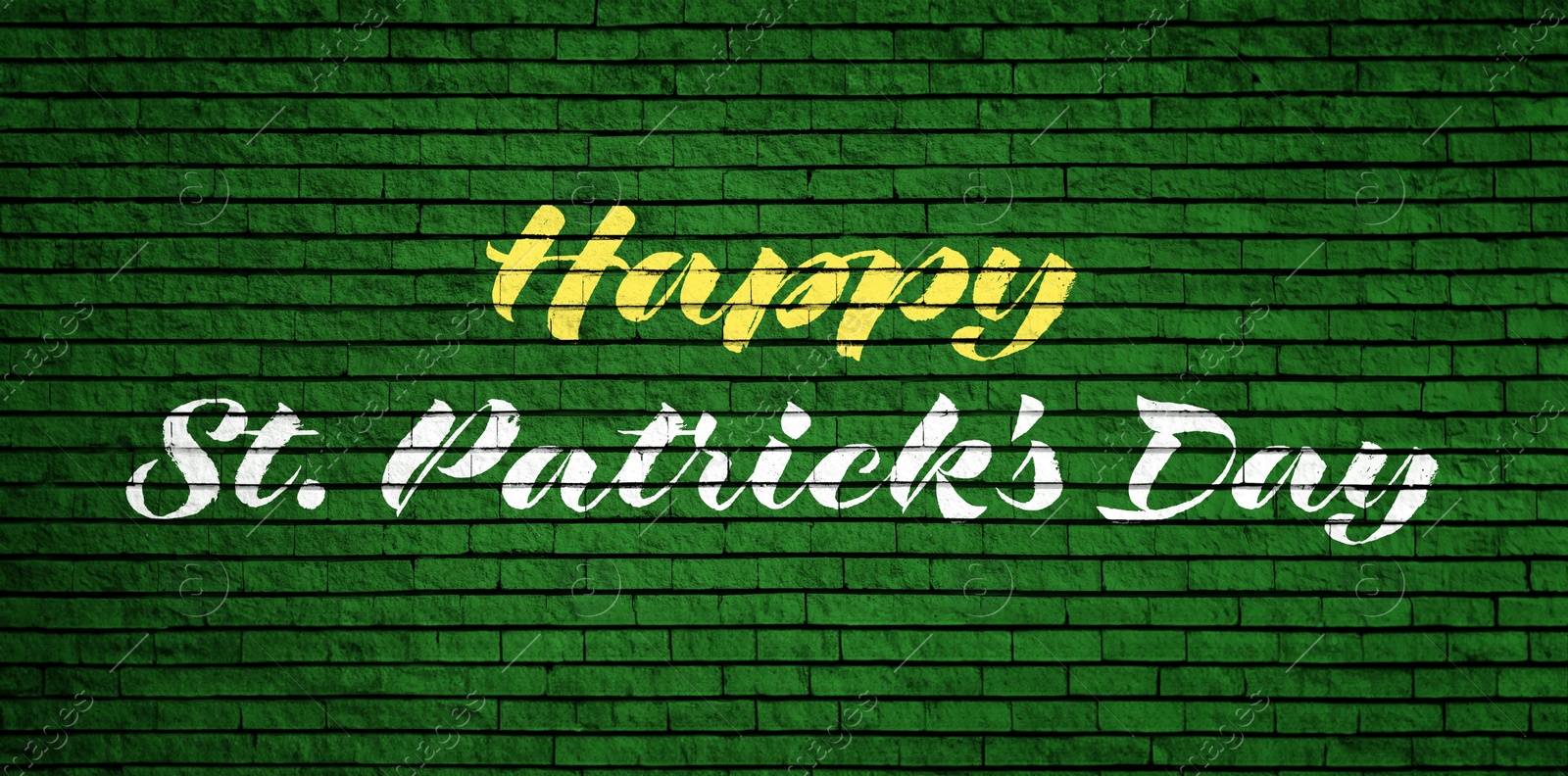 Image of Happy St. Patrick's day card. text on green brick wall. Banner design