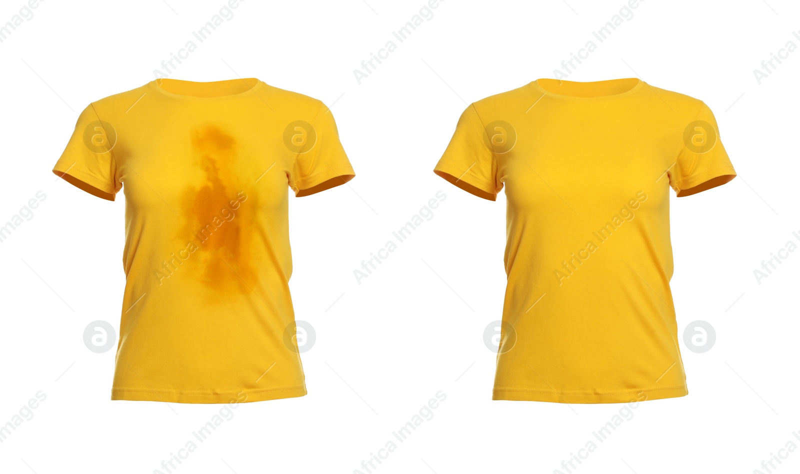 Image of Collage with dirty and clean t-shirt isolated on white. Before and after washing