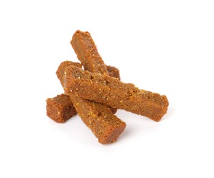 Photo of Delicious rye crispy rusks on white background