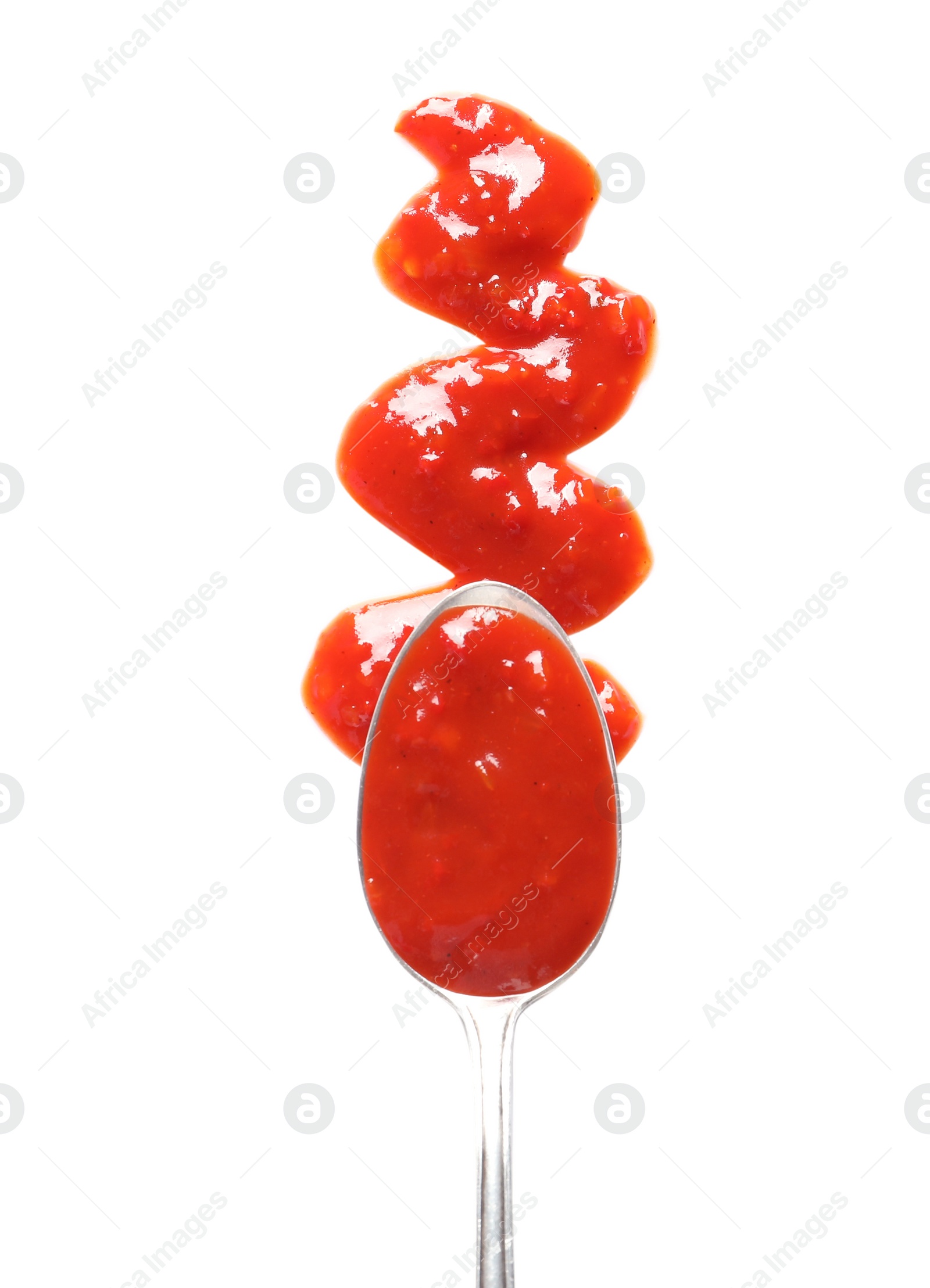 Photo of Delicious tomato sauce and spoon on white background, top view