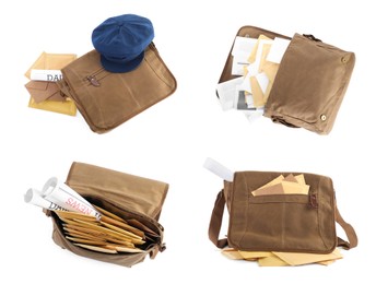 Image of Set with different postman's bags with mails and newspapers on white background, top view