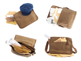 Set with different postman's bags with mails and newspapers on white background, top view