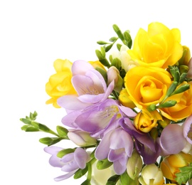 Bouquet of fresh freesia flowers isolated on white, top view