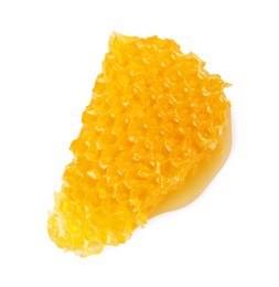 Photo of Piece of natural honeycomb with tasty honey isolated on white, top view