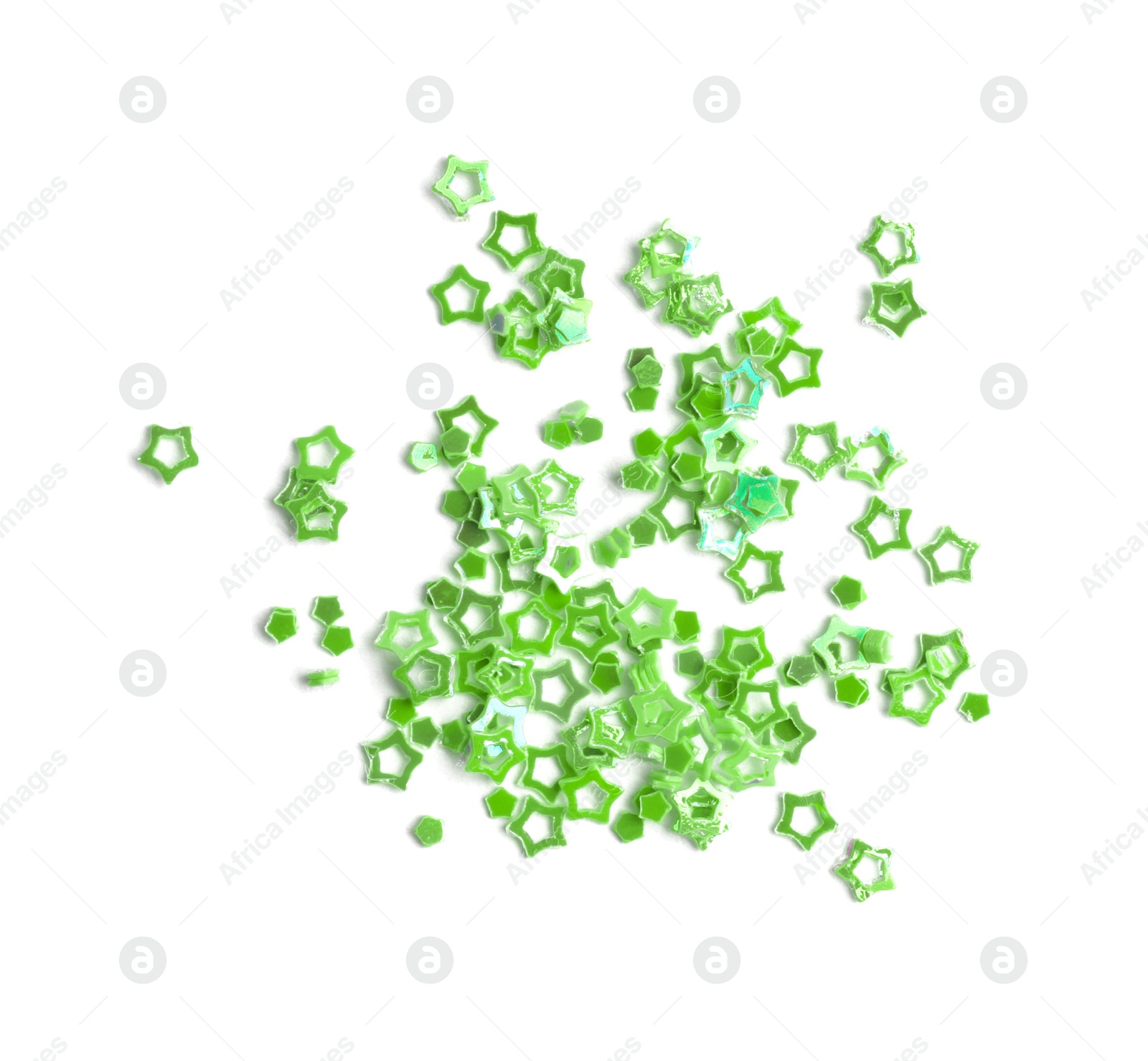 Photo of Green sequins in shape of stars isolated on white, top view