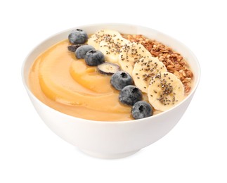 Delicious smoothie bowl with fresh blueberries, banana and granola on white background