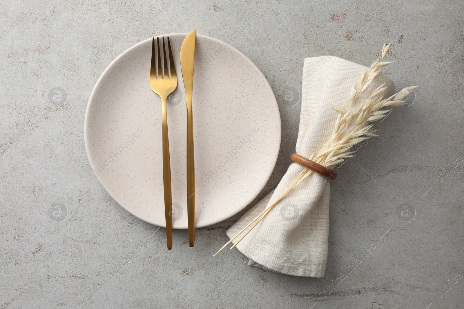 Photo of Stylish setting with cutlery, napkin, dry branch and plate on light table, top view