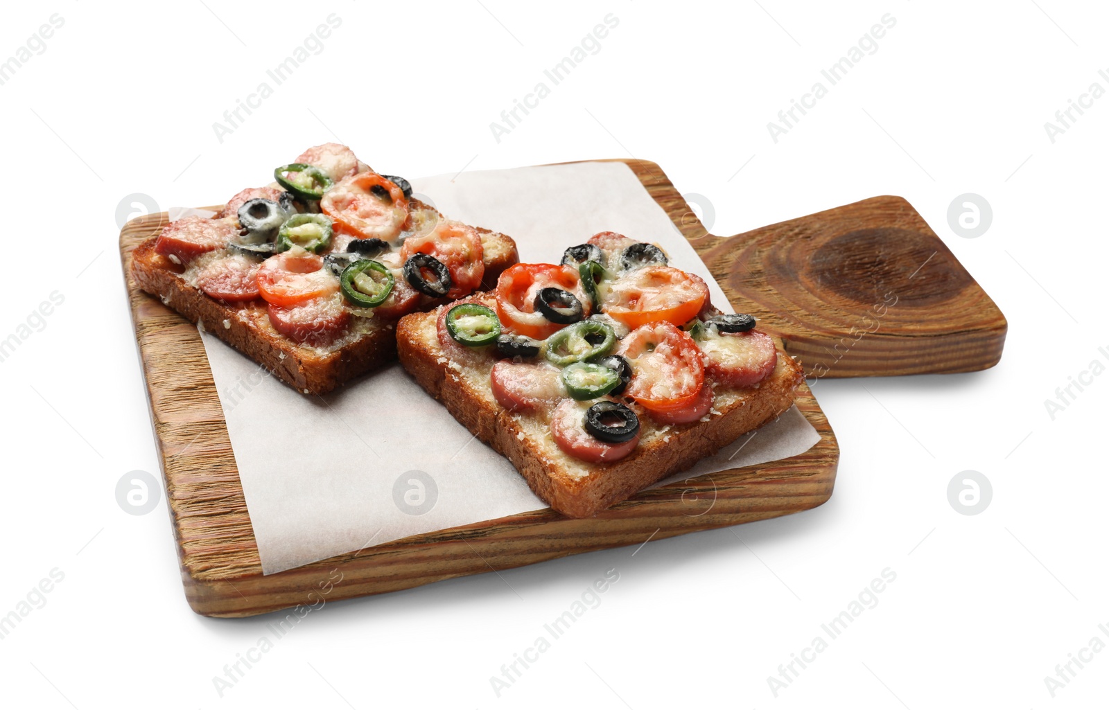 Photo of Tasty pizza toasts and wooden board isolated on white