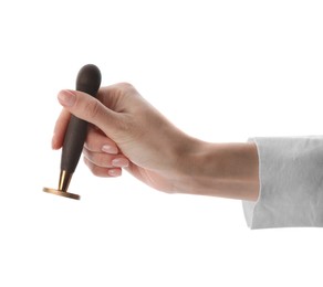 Photo of Man holding wooden stamp on white background, closeup