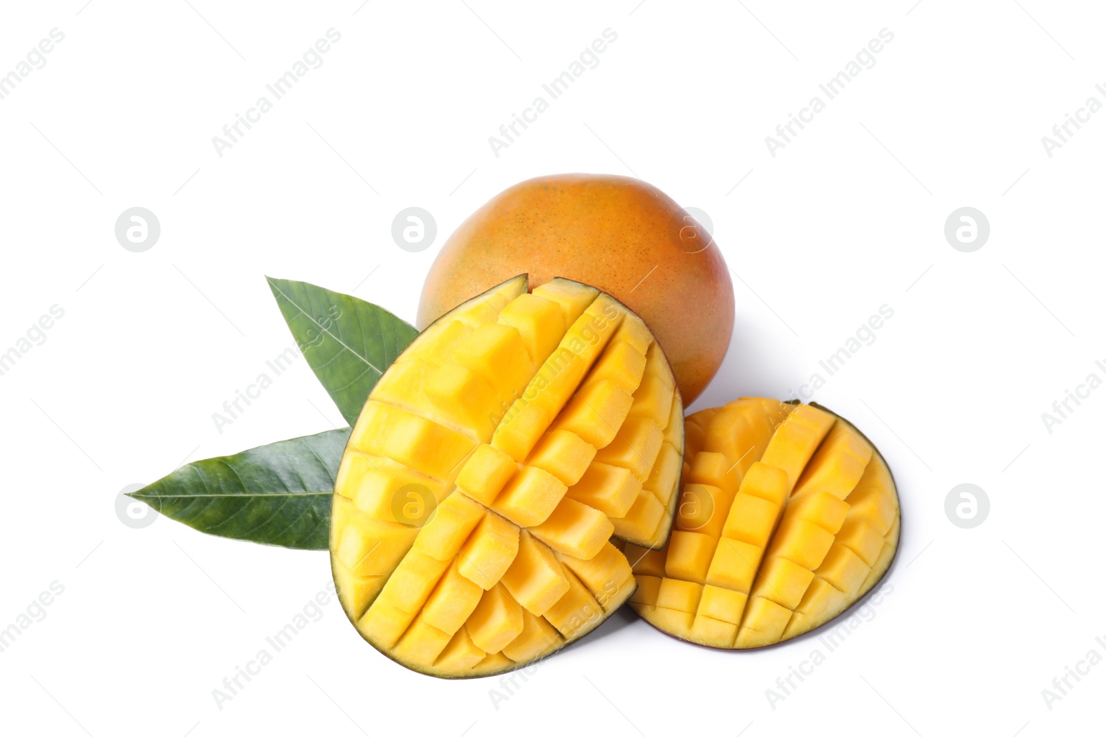 Photo of Fresh juicy mango and leaves isolated on white