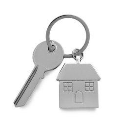 Key with keychain in shape of house isolated on white, top view