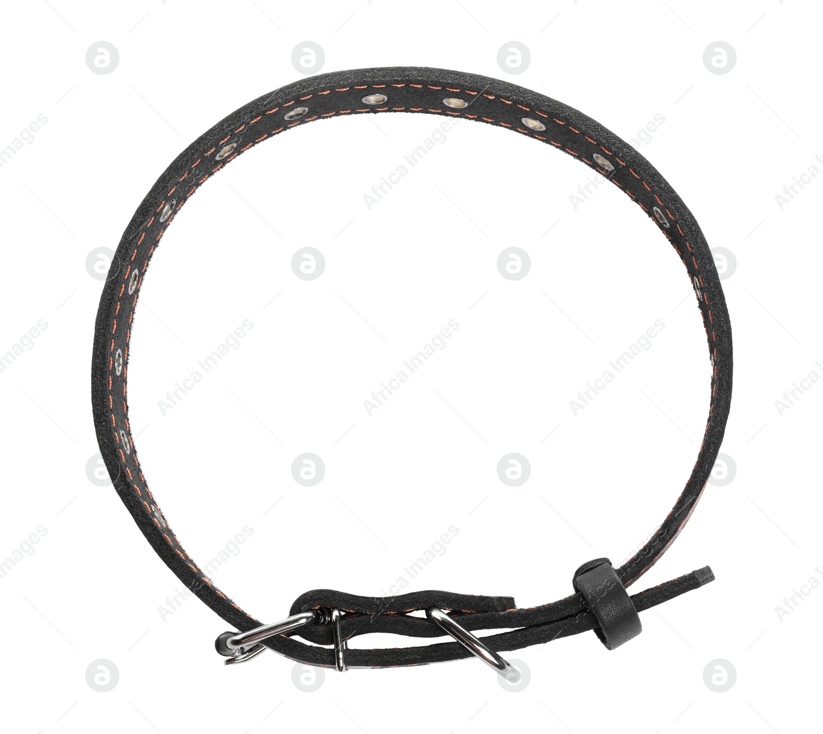 Photo of Black leather dog collar isolated on white, top view