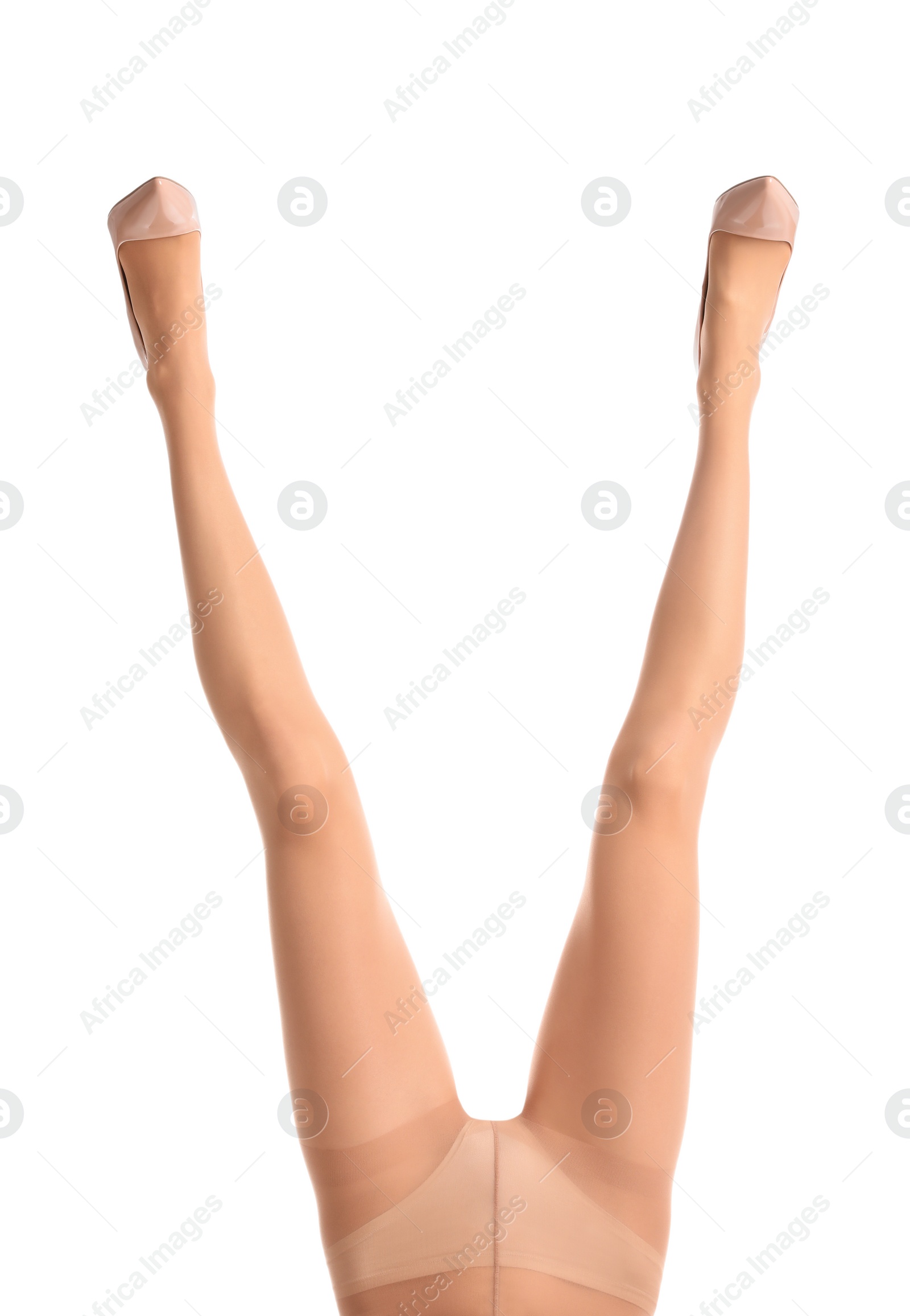 Photo of Woman wearing tights and stylish shoes isolated on white, closeup of legs