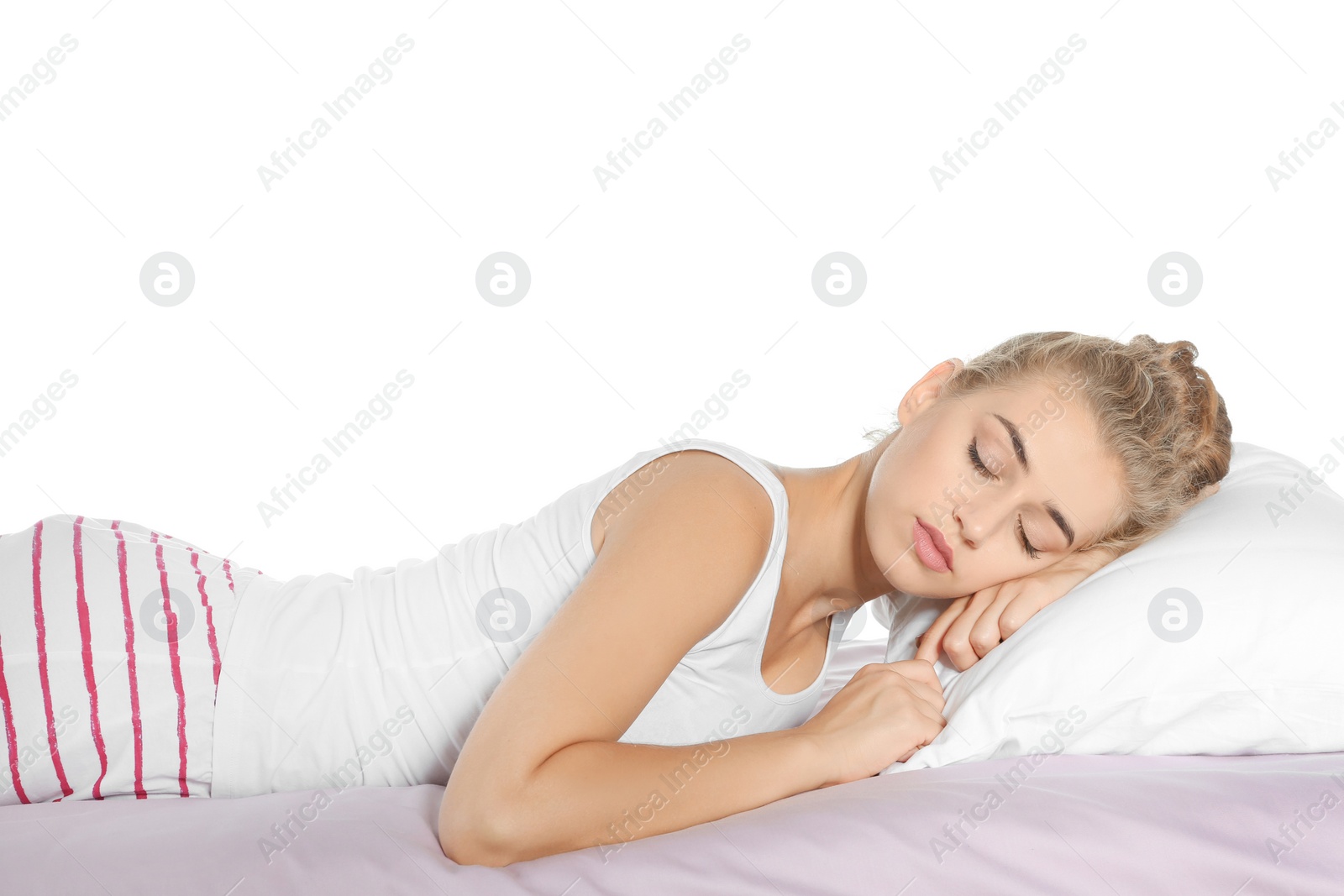 Photo of Beautiful woman sleeping with comfortable pillow on bed against white background