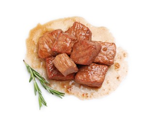 Pieces of delicious cooked beef and rosemary isolated on white, top view. Tasty goulash