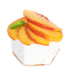 Photo of Delicious dessert with peach slices isolated on white