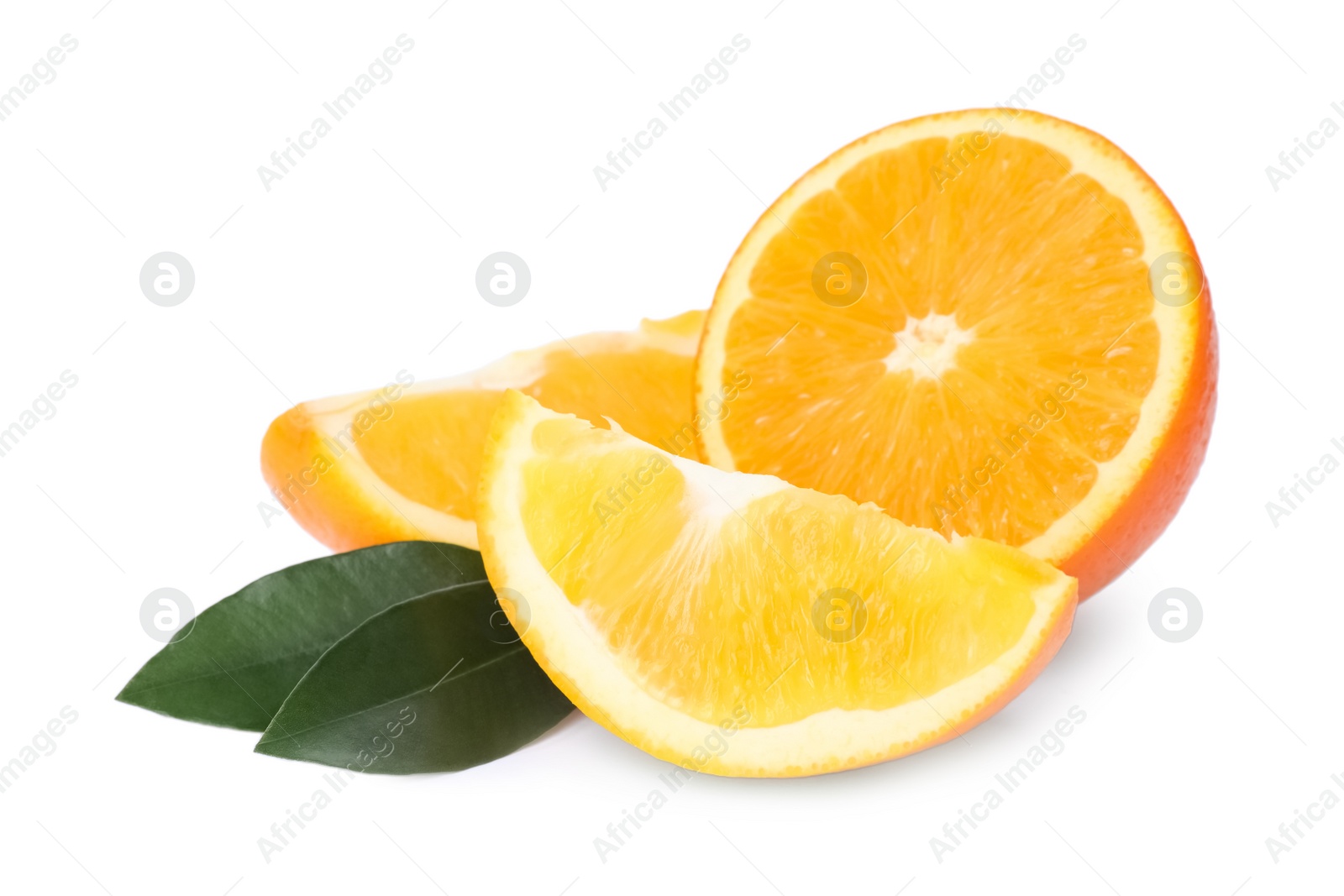 Photo of Fresh oranges with leaves isolated on white