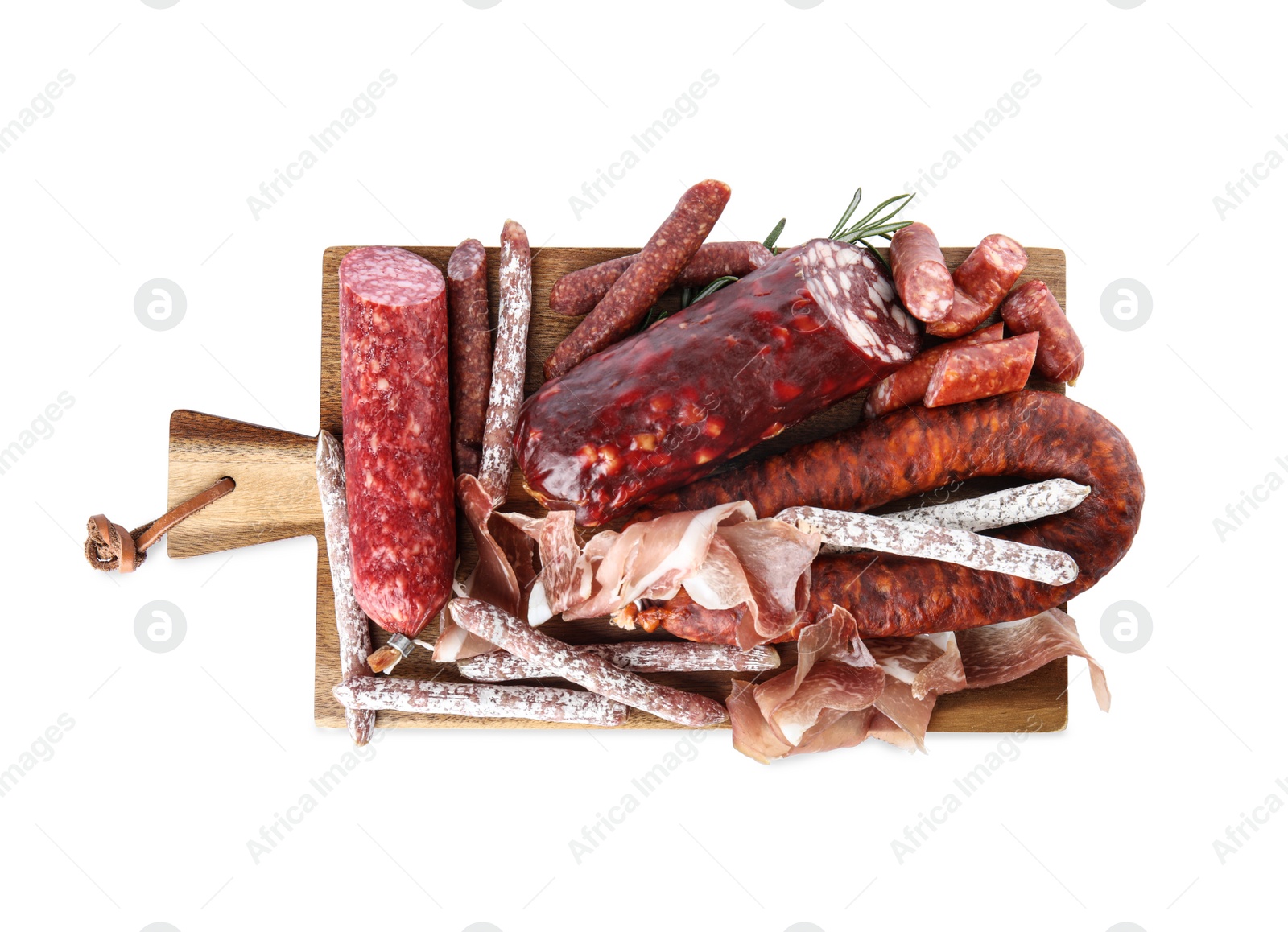Photo of Different types of sausages on white background, top view
