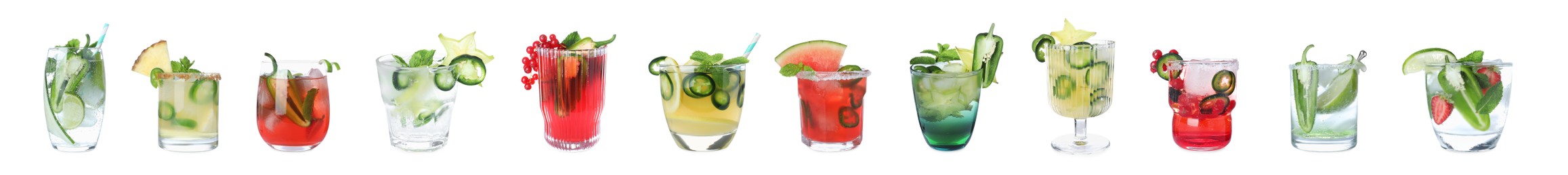 Image of Set of different spicy cocktails with jalapenos on white background. Banner design