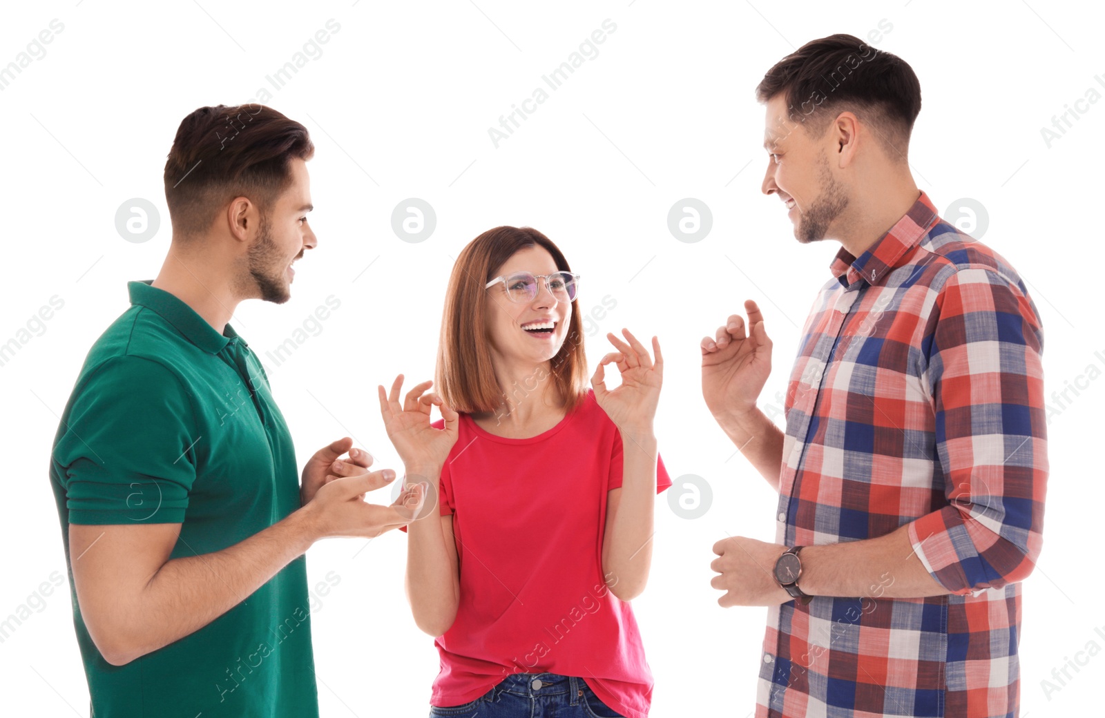 Photo of Hearing impaired friends using sign language for communication isolated on white