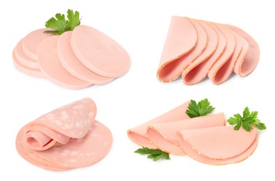 Slices of delicious boiled sausage on white background, collage
