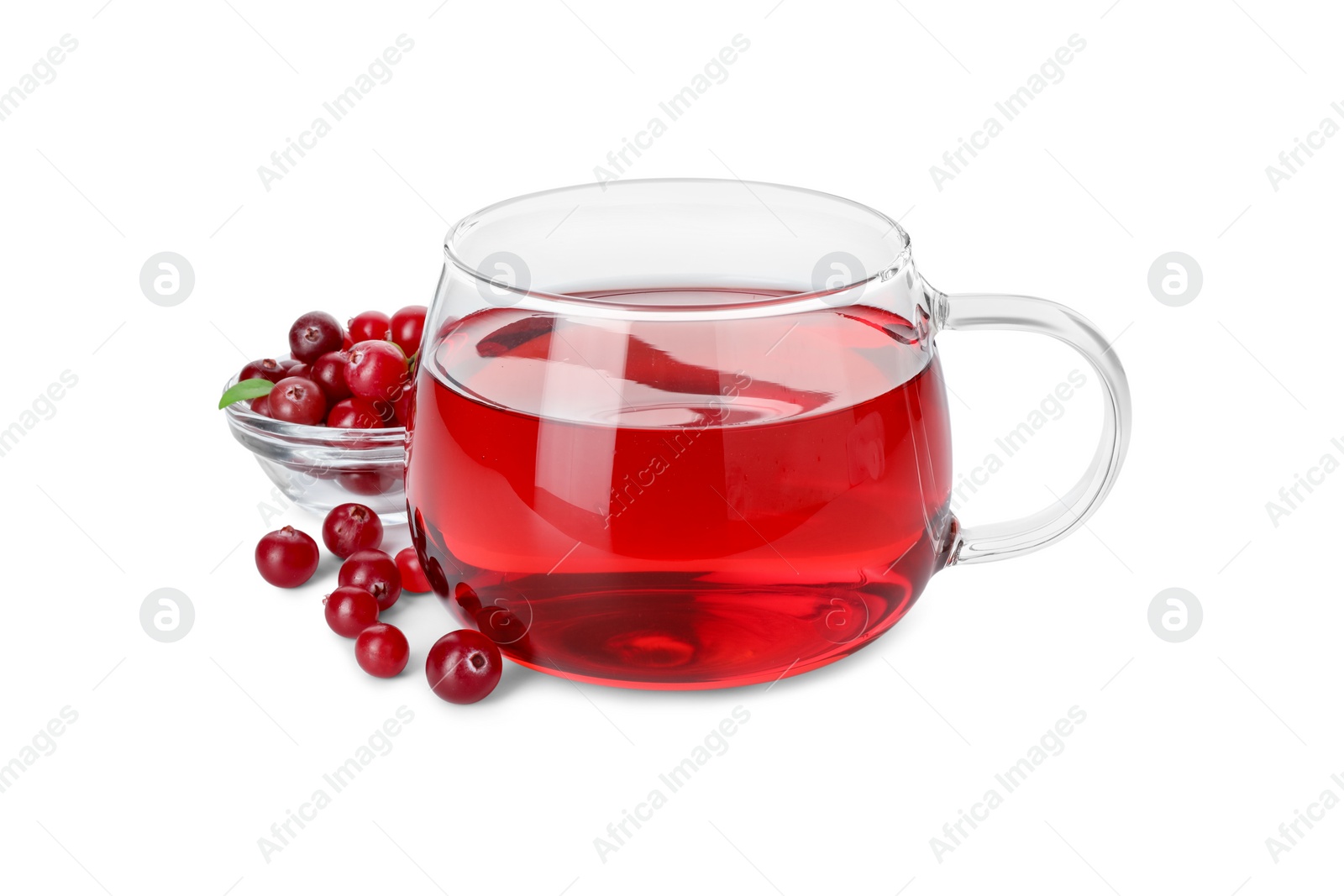 Photo of Cup of delicious cranberry tea and berries isolated on white