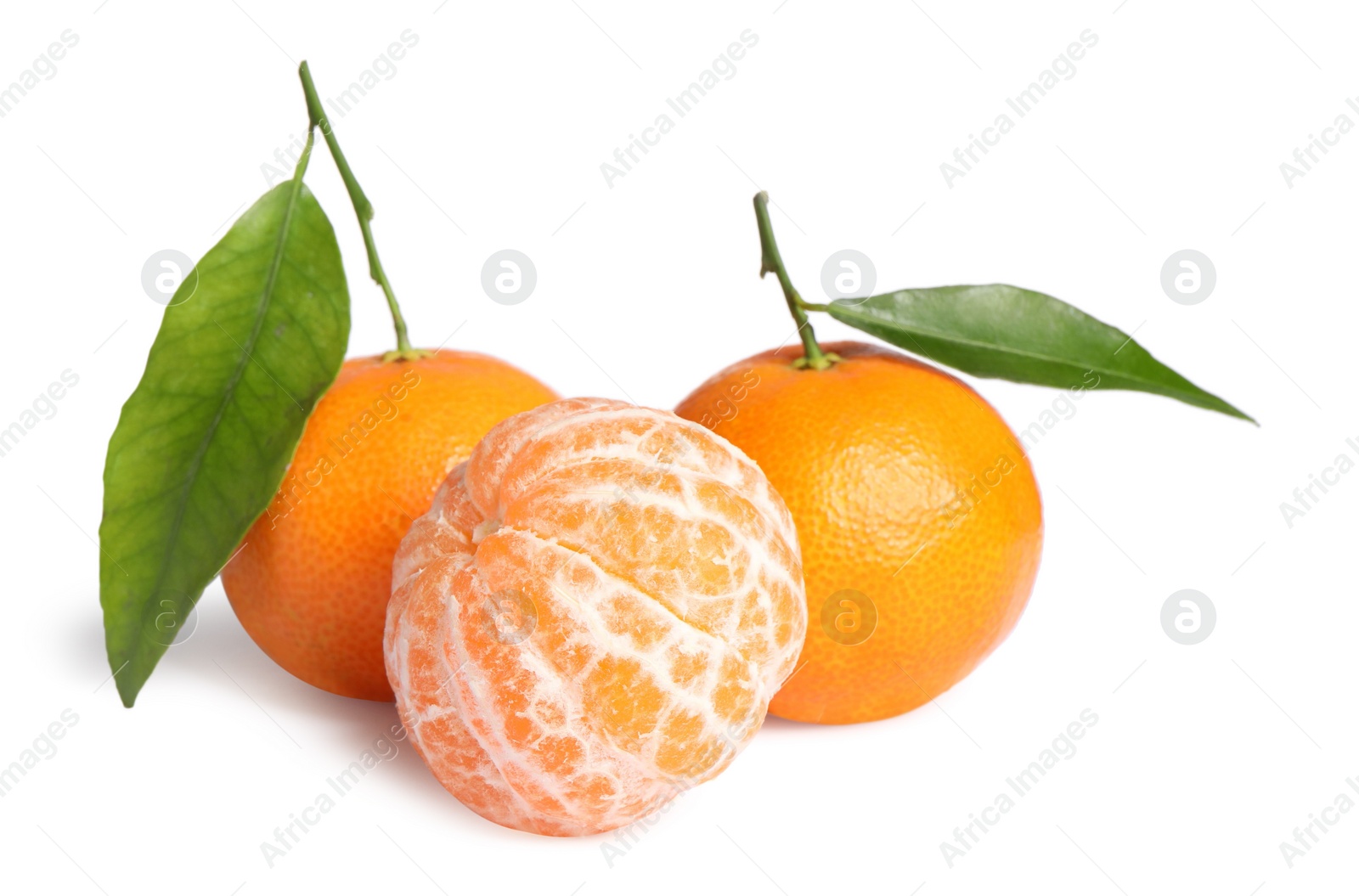 Photo of Fresh ripe juicy tangerines with green leaves isolated on white