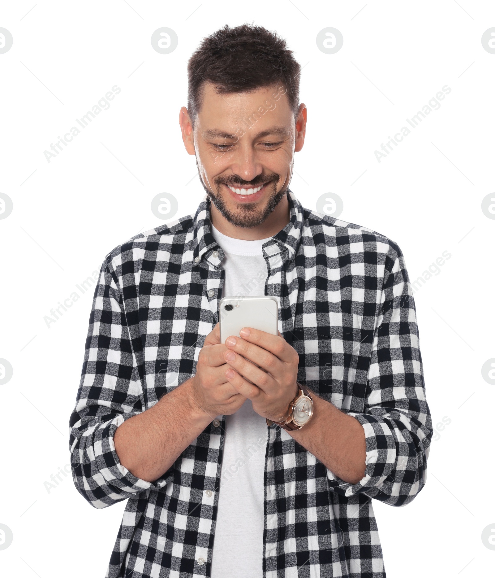 Photo of Smiling man with smartphone on white background