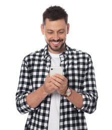 Smiling man with smartphone on white background