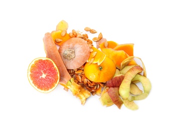 Photo of Pile of organic waste for composting on white background, top view