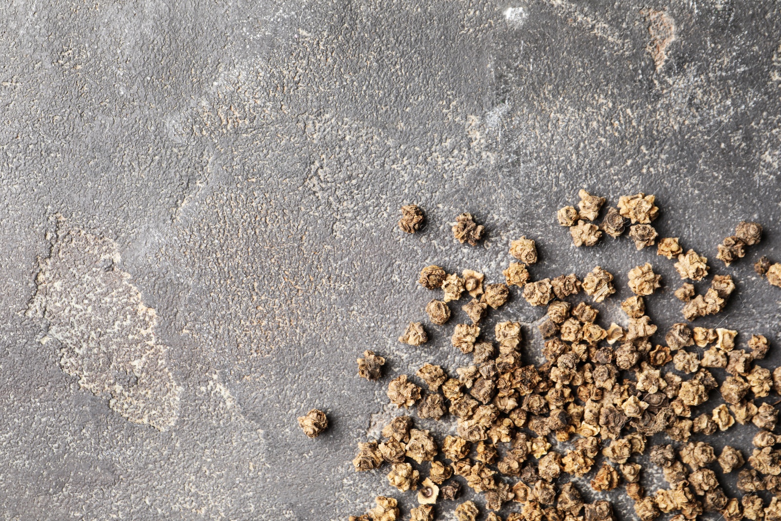 Photo of Raw beet seeds and space for text on grey background, flat lay. Vegetable planting