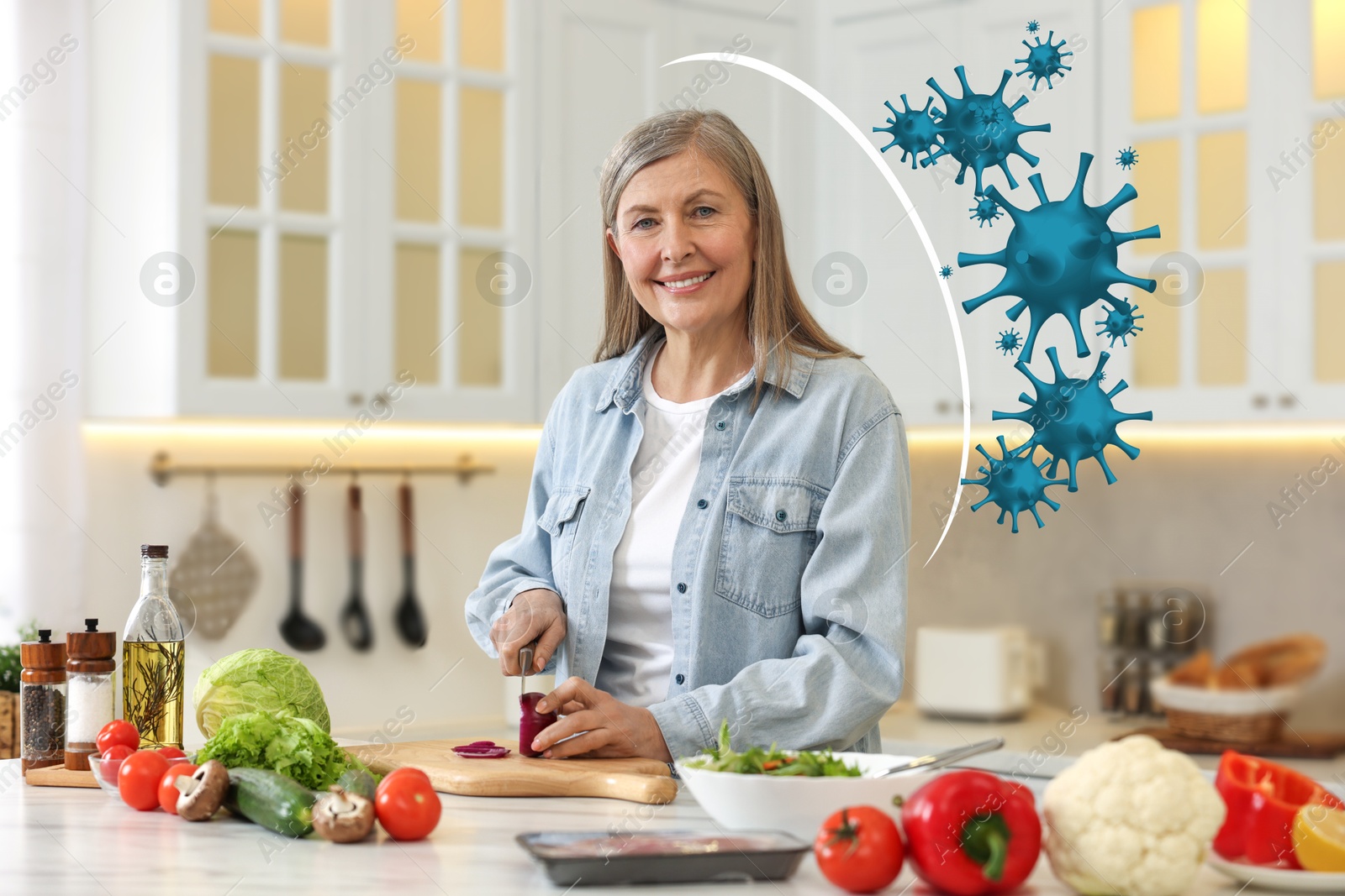 Image of Happy woman with different food products in kitchen. Healthy diet - strong immunity