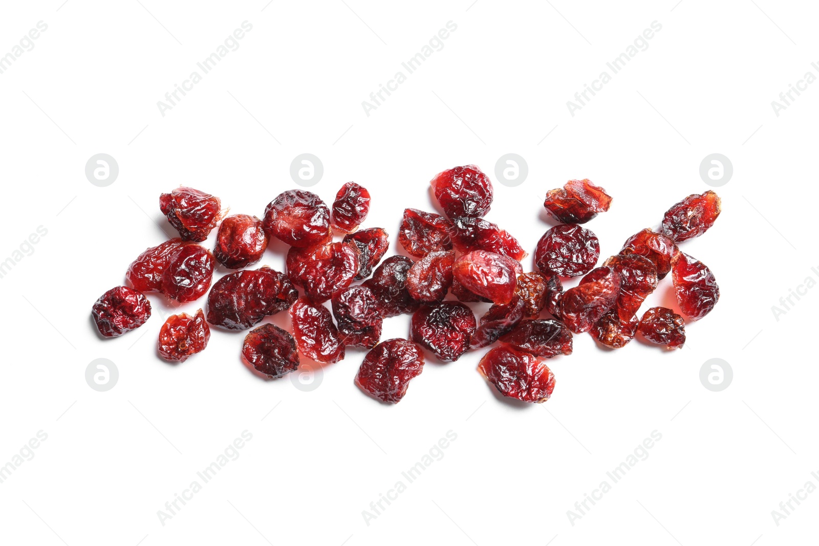 Photo of Cranberries on white background, top view. Dried fruit as healthy snack