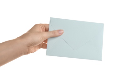 Photo of Woman holding paper envelope on white background, closeup