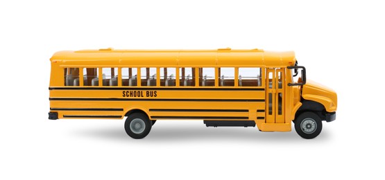 Photo of Yellow school bus isolated on white. Children's toy