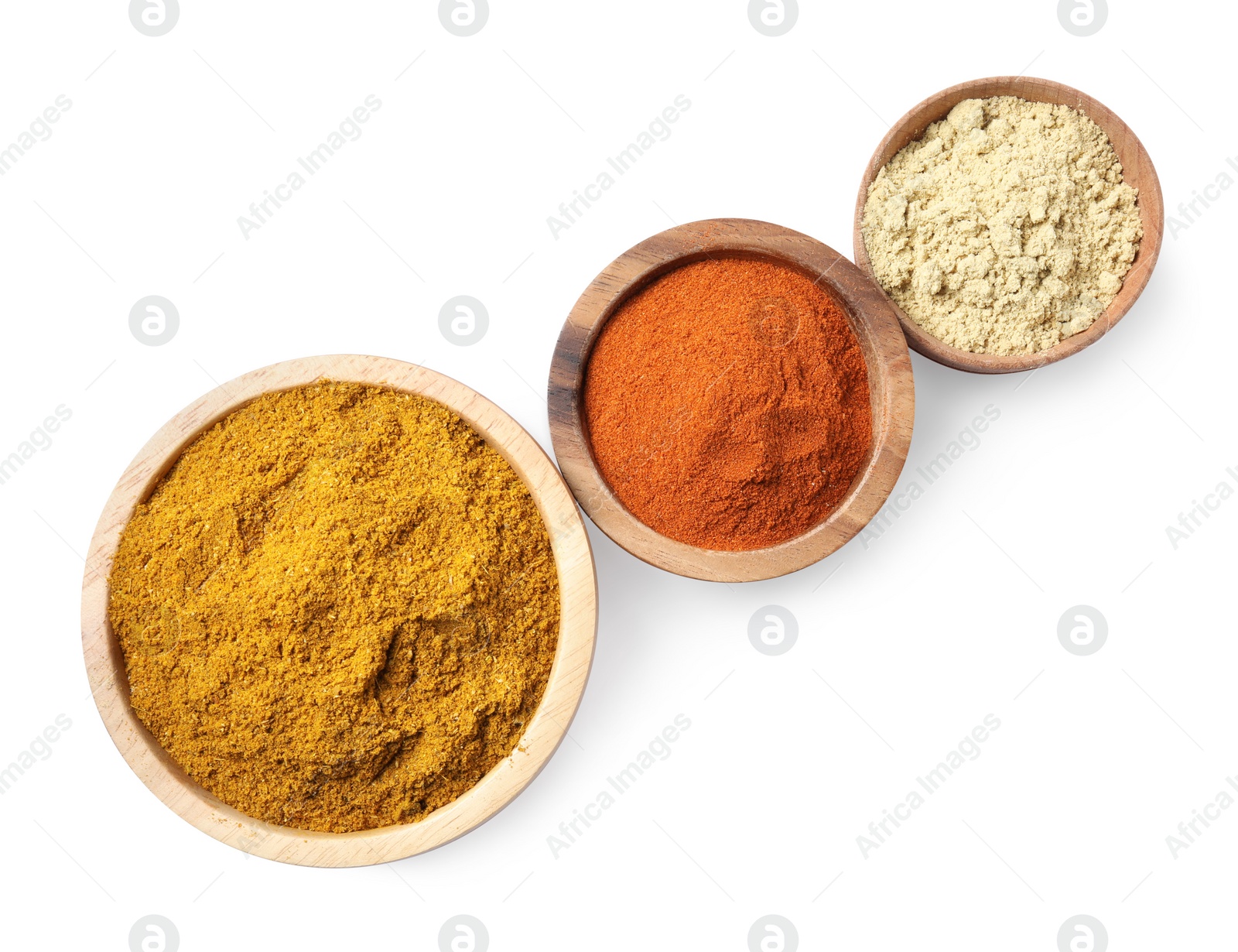 Photo of Bowls with different spices on white background, top view