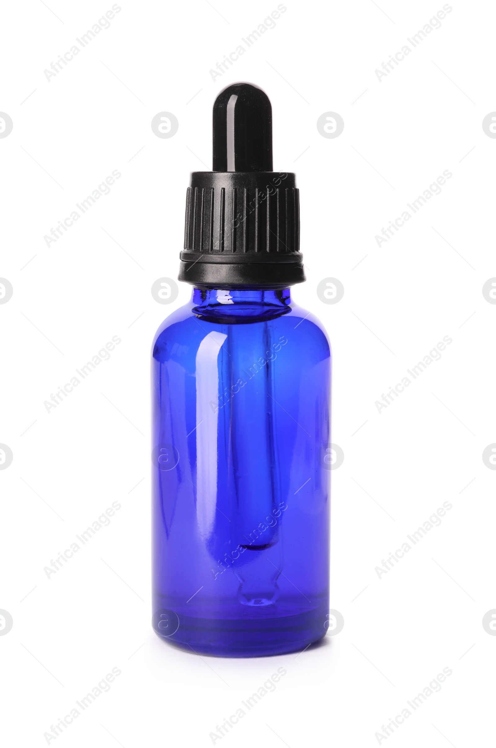 Photo of Cosmetic bottle of essential oil on white background