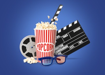Image of Movie clapper, pop corn, 3D glasses and film reel on blue background. Collage design
