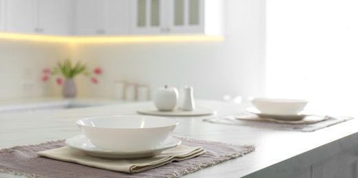 Image of Elegant table setting on table in kitchen. Banner design