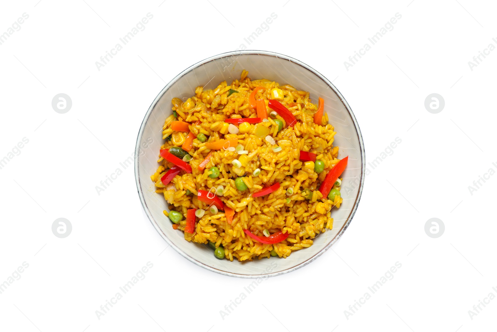 Photo of Delicious rice pilaf with vegetables isolated on white, top view