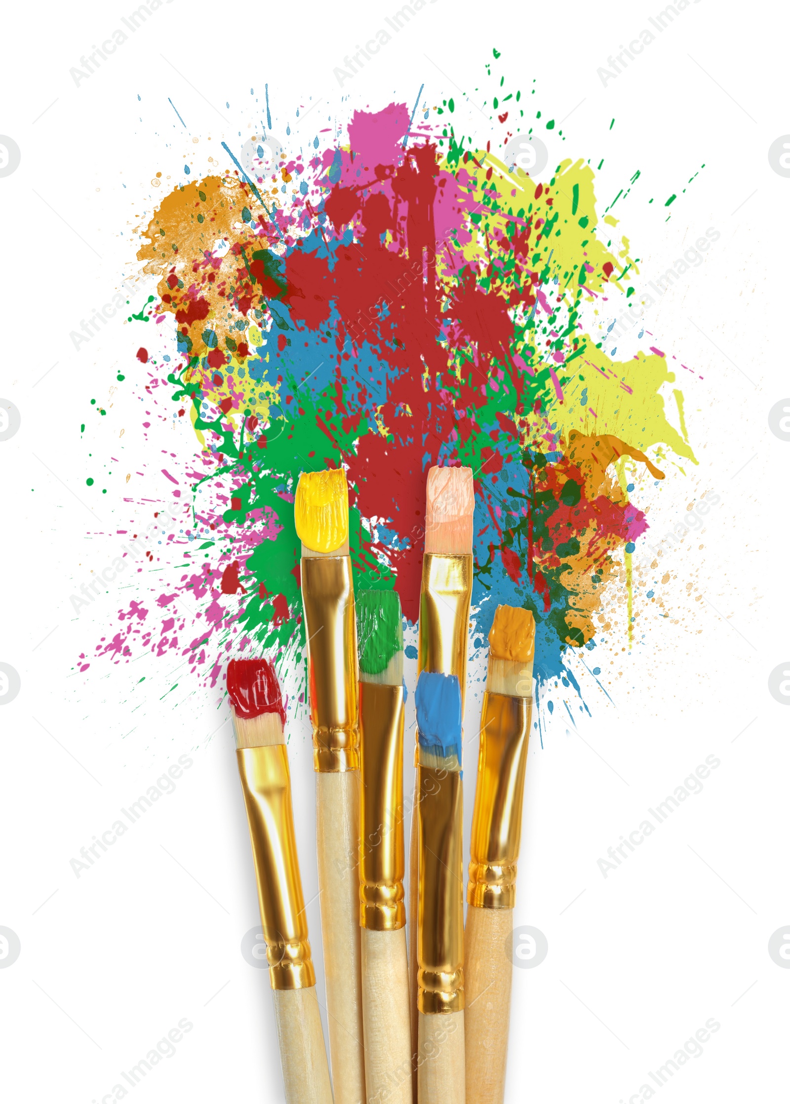 Image of Different brushes and paint splatters on white background