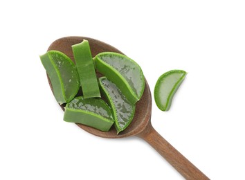 Photo of Wooden spoon with fresh aloe vera pieces isolated on white, top view