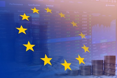 Image of Stock exchange. Multiple exposure with European flag, coins, trading data and graph