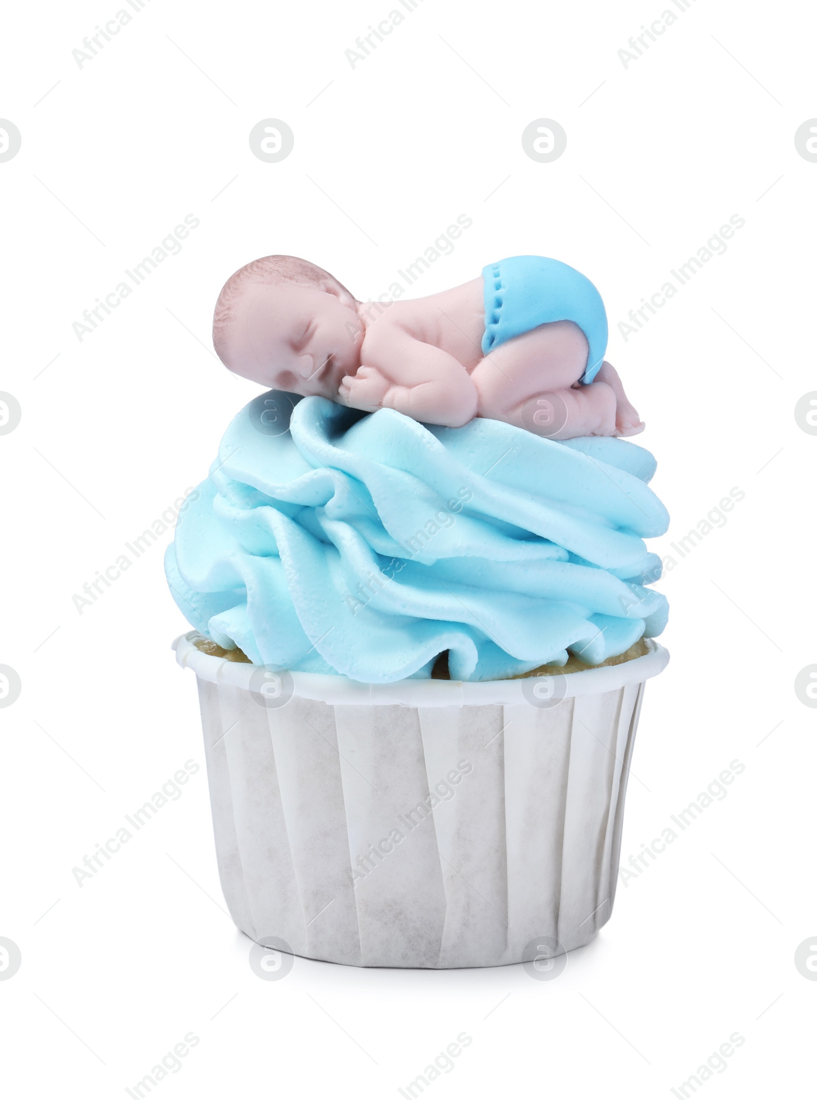 Photo of Beautifully decorated baby shower cupcake for boy with light blue cream and topper on white background