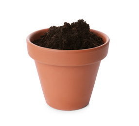 Photo of Stylish terracotta flower pot with soil isolated on white